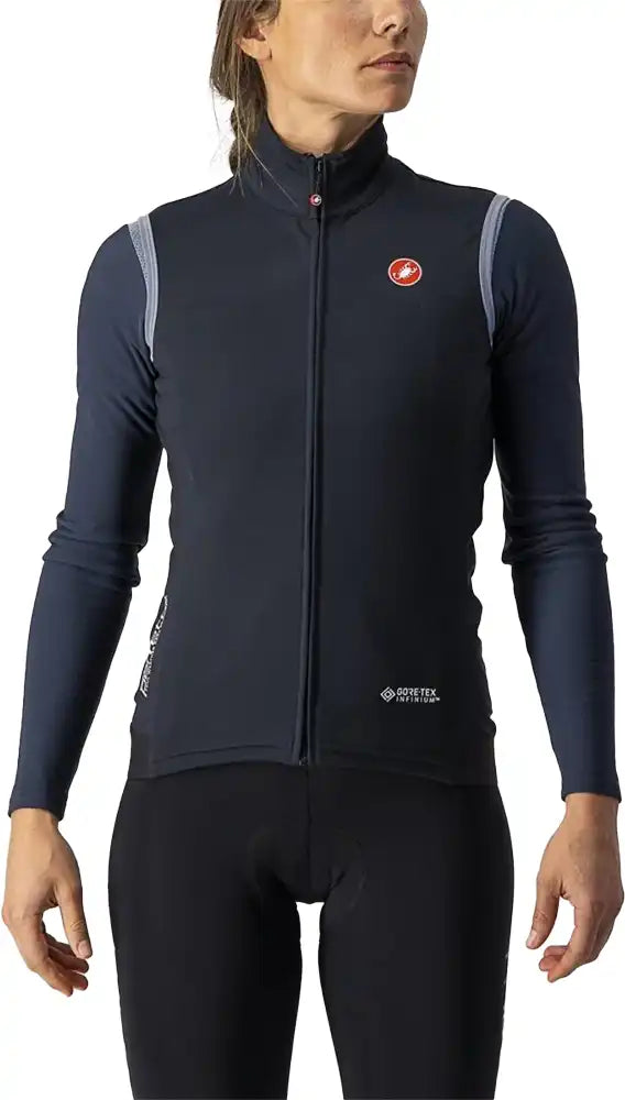 Castelli Perfetto RoS women's cycling jacket in black, showing front view with reflective details and full zipper.