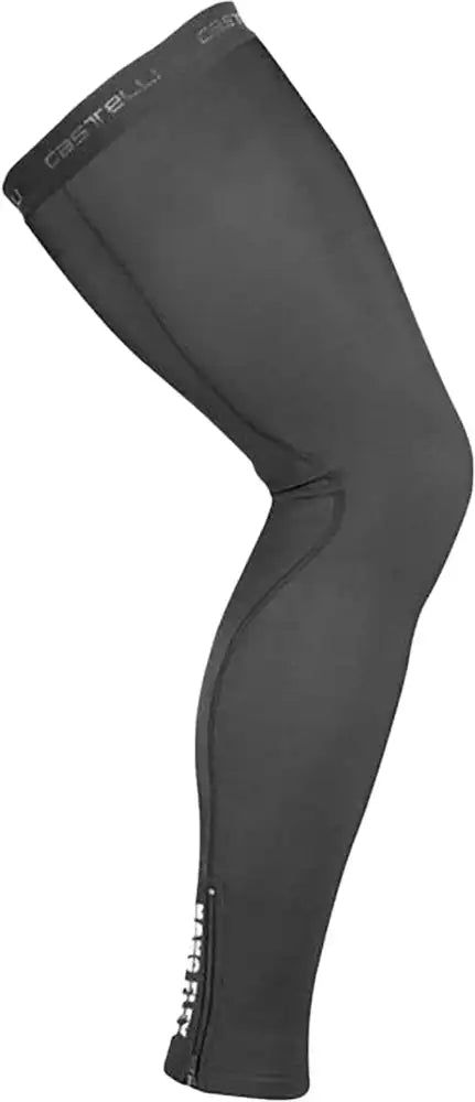 Castelli Nano Flex 3G leg warmers in black, made of stretchy, thermal clothing material for cold weather cycling.