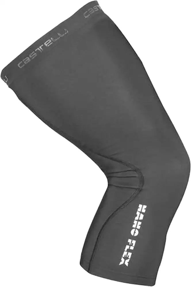 Castelli Nano Flex 3G knee warmers in black, made for cycling, featuring stretch fabric and thermal insulation for cold weather comfort.