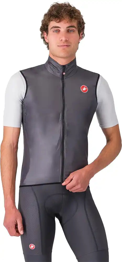 Castelli Aria men's vest displayed on a hanger, lightweight cycling vest in black with subtle branding and reflective accents.