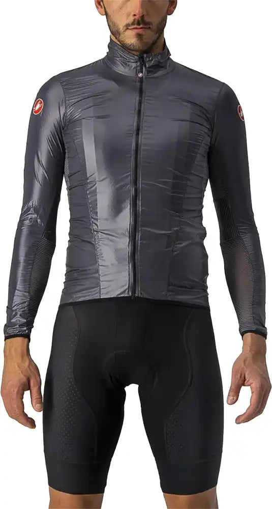 Castelli Aria Shell men's jacket in black, lightweight waterproof clothing with a full front zipper and adjustable hood.