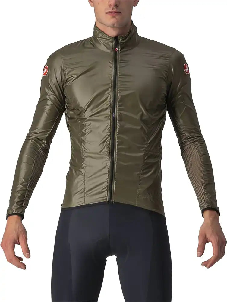 Castelli Aria Shell men's lightweight cycling jacket in black, showing front view with full zipper and logo detail.
