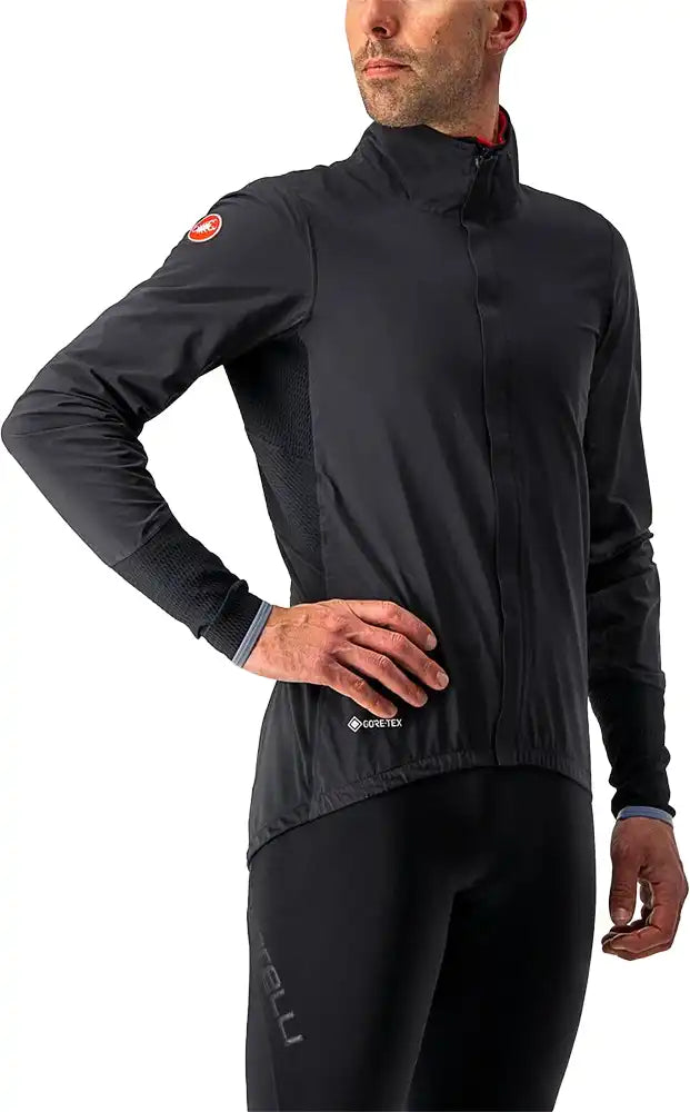 Castelli Gavia men's cycling jacket in black, lightweight waterproof outerwear with reflective details for outdoor riding.