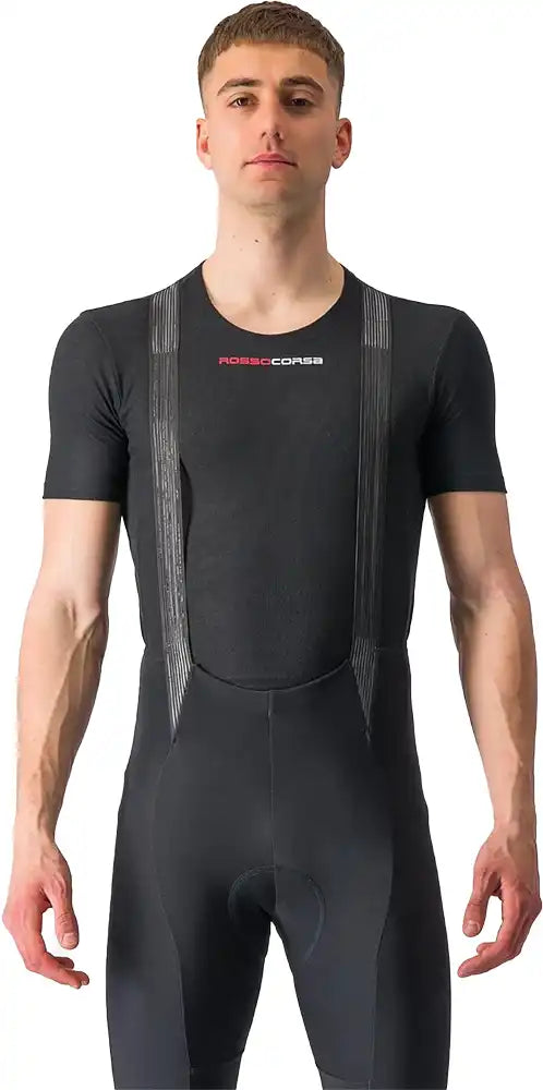 Castelli Prosecco Tech SS men's baselayer in black, lightweight cycling clothing with moisture-wicking fabric and breathable design.