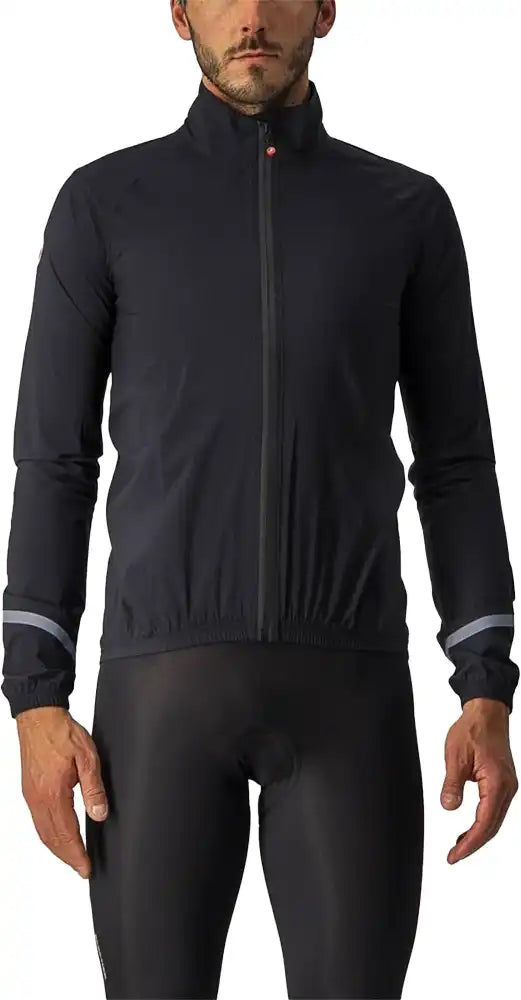 Castelli Emergency 2 men's rain jacket showing waterproof fabric and adjustable hood for outdoor protection.