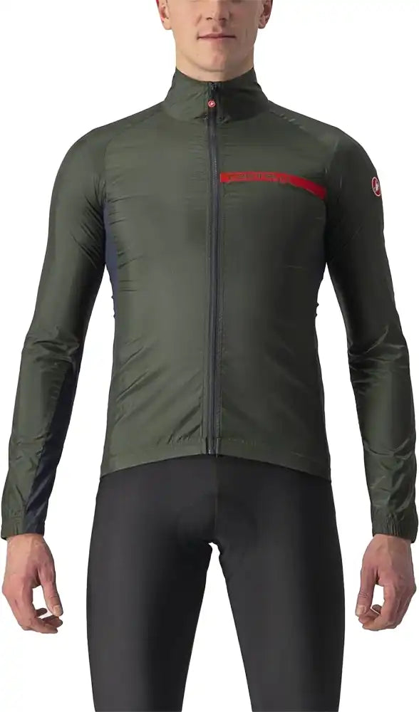 Castelli Squadra Stretch men's jacket, lightweight and fitted cycling clothing with a sleek design, shown in a close-up image.