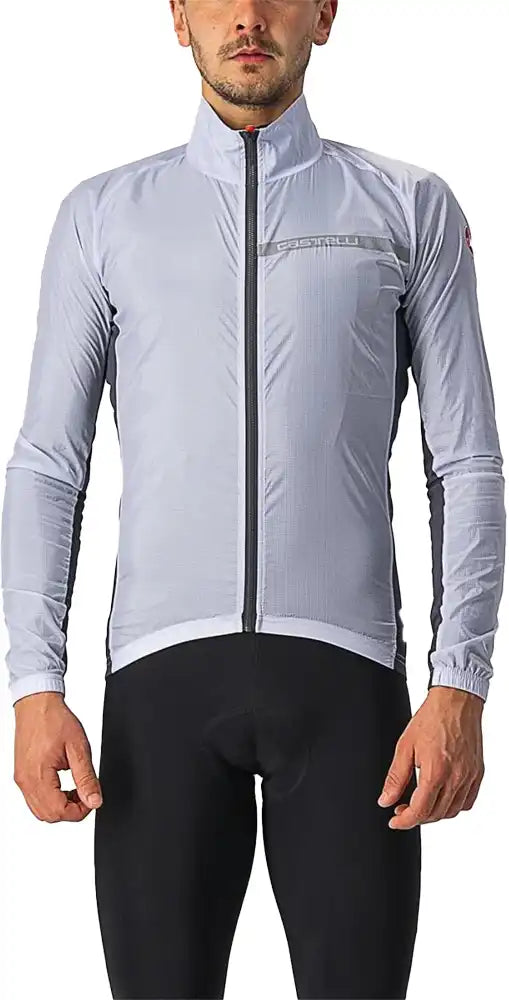 Castelli Squadra Stretch men's jacket in black, shown on a hanger, featuring a sleek sports design and full front zipper.