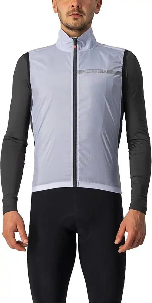 Castelli Squadra Stretch men's vest shown in black, lightweight cycling clothing with a high collar and full front zipper.