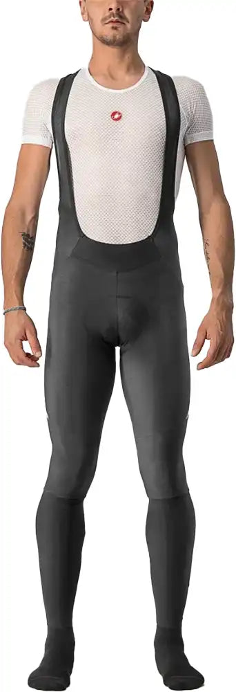 Castelli Velocissimo 5 men's bib tights, cycling clothing with black fabric and adjustable straps, designed for performance riding.