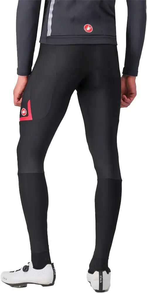Castelli Velocissimo 5 men's bib tights, black cycling clothing with adjustable straps and padded chamois for comfort.