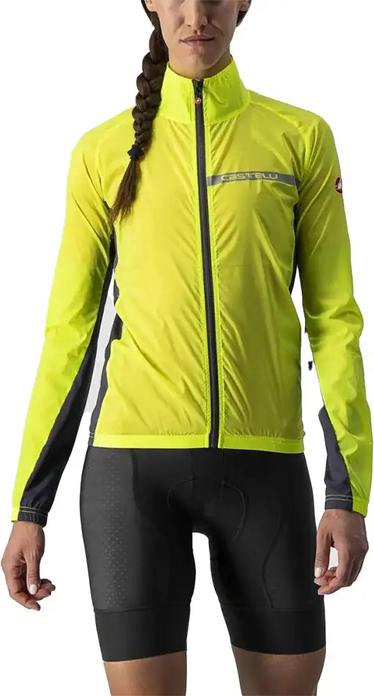 Castelli Squadra Stretch Women's Jacket showing a fitted black cycling jacket with logo details and lightweight fabric.
