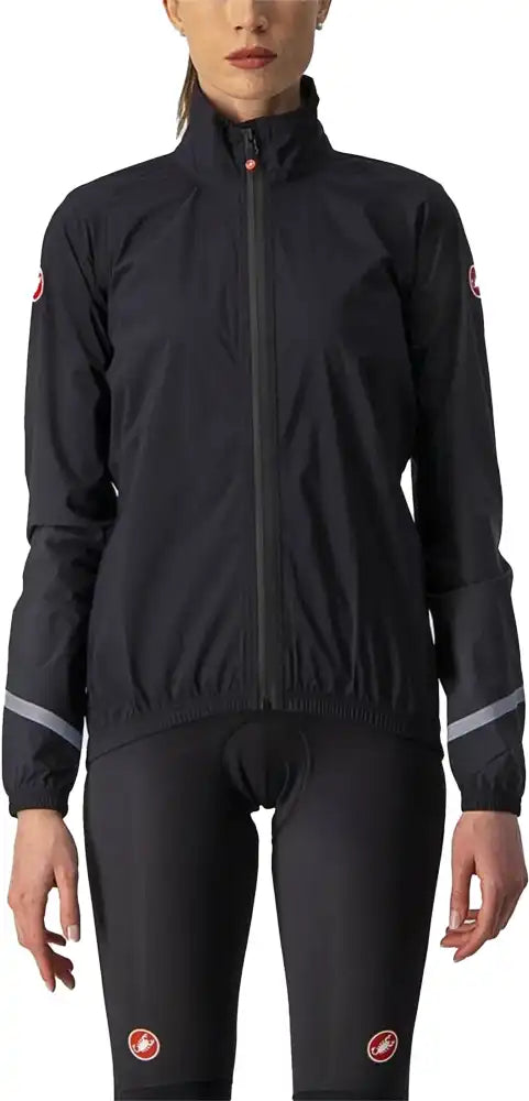 Castelli Emergency 2 women's rain jacket in bright yellow with reflective details, lightweight waterproof cycling apparel.