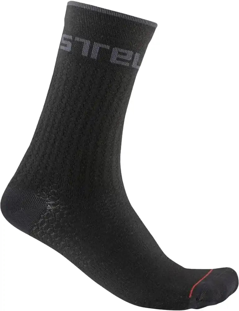 Castelli Distanza 20 men's winter socks in black, made of moisture-wicking fabric with reinforced heel and toe for cold weather cycling.