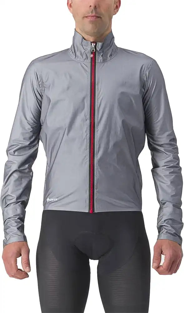 Castelli Tempesta Lite men's waterproof jacket showing its lightweight, breathable design with a full front zipper and adjustable hood.