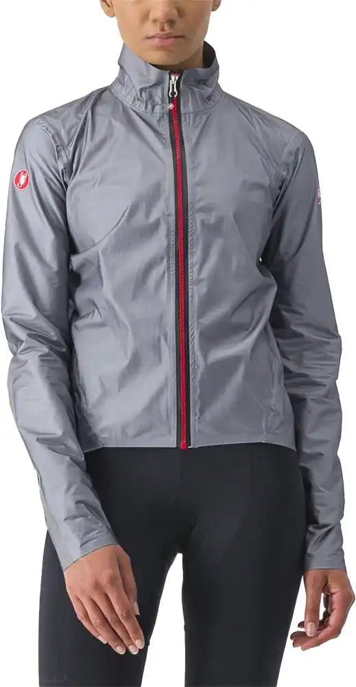 Castelli Tempesta Lite women's jacket in black, lightweight waterproof cycling jacket with a high collar and zip closure.