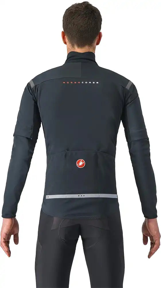 Castelli Perfetto RoS 2 men's convertible cycling jacket shown in black with zippered vents and reflective accents.
