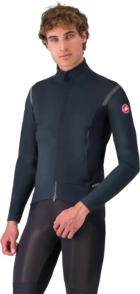 Castelli Perfetto RoS 2 men's cycling jacket in black, showcasing its sleek design and technical fabric for weather protection.