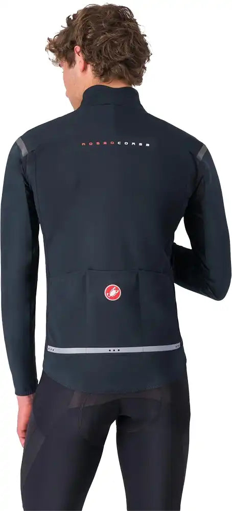 Castelli Perfetto RoS 2 men's cycling jacket shown in black with reflective accents, designed for weather-resistant cycling apparel.