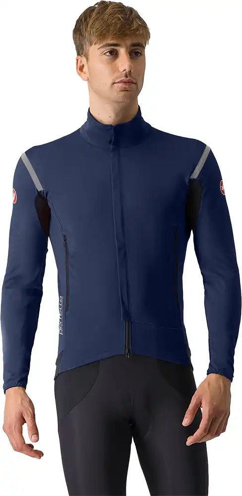 Castelli Perfetto RoS 2 men's cycling jacket in black, showing front view with zipped closure and high collar.