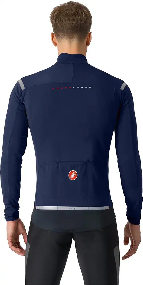 Castelli Perfetto RoS 2 men's cycling jacket in black with reflective details, designed for weather protection and aerodynamic fit.