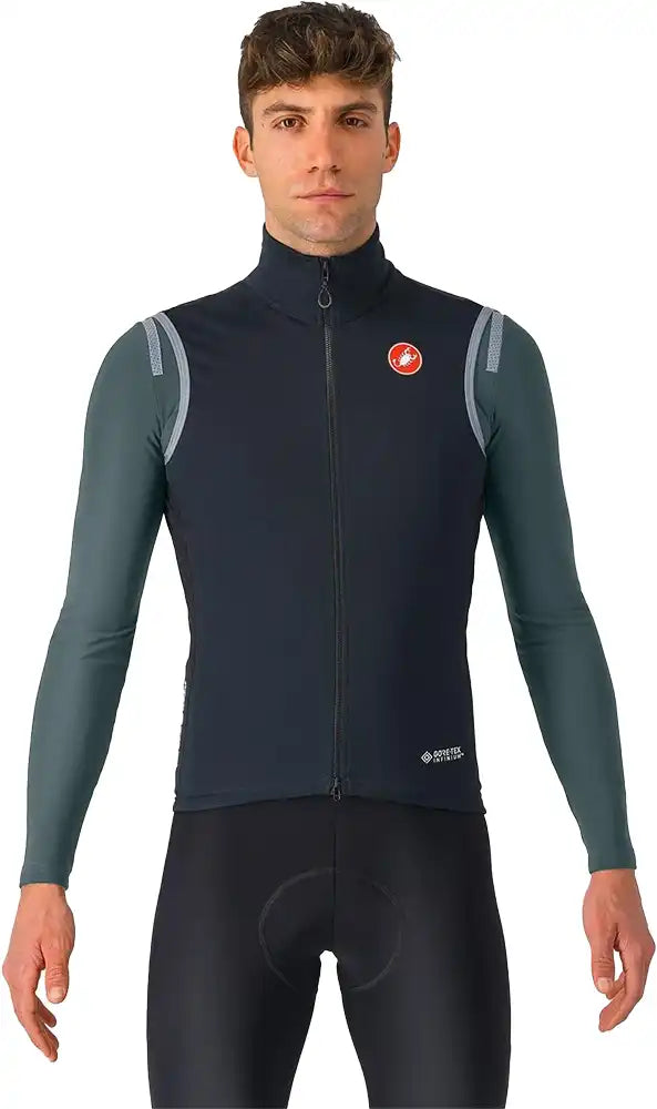 Castelli Perfetto RoS 2 SS men's vest in black, showing the lightweight cycling vest with front and back panels and logo details.