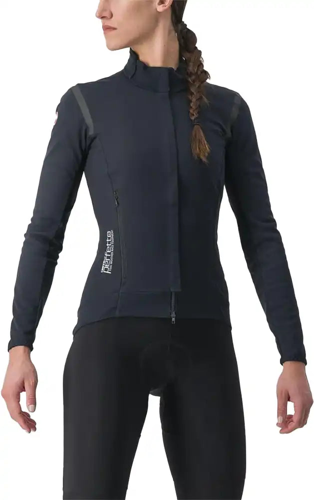 Castelli Perfetto RoS 2 women's cycling jacket in black, lightweight and windproof with reflective details for outdoor riding.