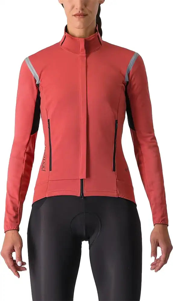 Castelli Perfetto RoS 2 women's cycling jacket, lightweight and weather-resistant, shown in a close-up image highlighting fabric details.