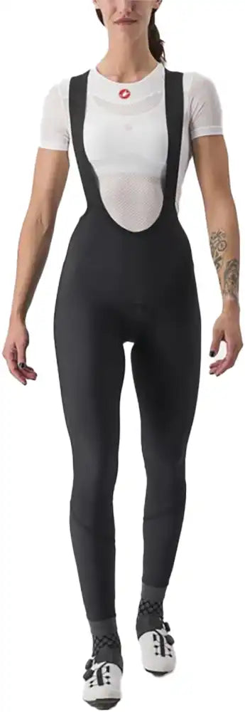 Castelli Velocissima DT women's bib tights in black, featuring breathable fabric and adjustable straps for cycling comfort.