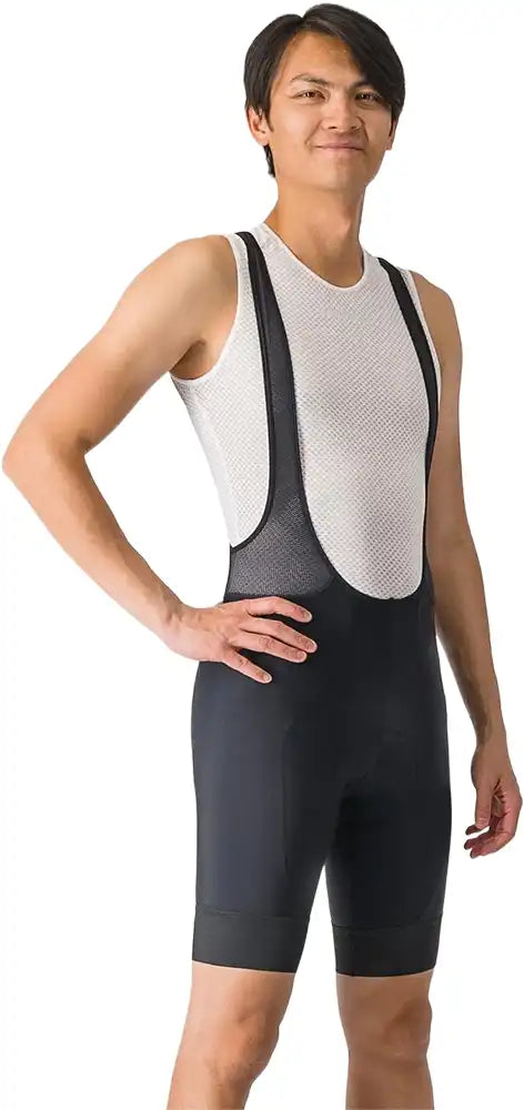Castelli Entrata 2 men's bib knicks showing black cycling tights with adjustable straps and padded seat for cycling comfort.