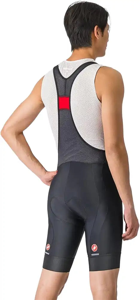 Castelli Entrata 2 men's bib knicks in black, featuring breathable fabric, adjustable straps, and padded chamois for cycling comfort.