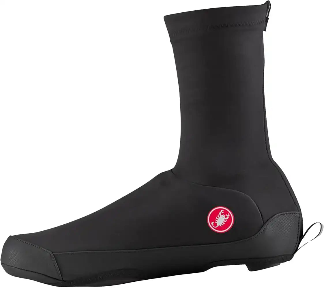 Castelli Unlimited shoecovers in black, made of durable clothing material, designed to protect cycling shoes from weather.