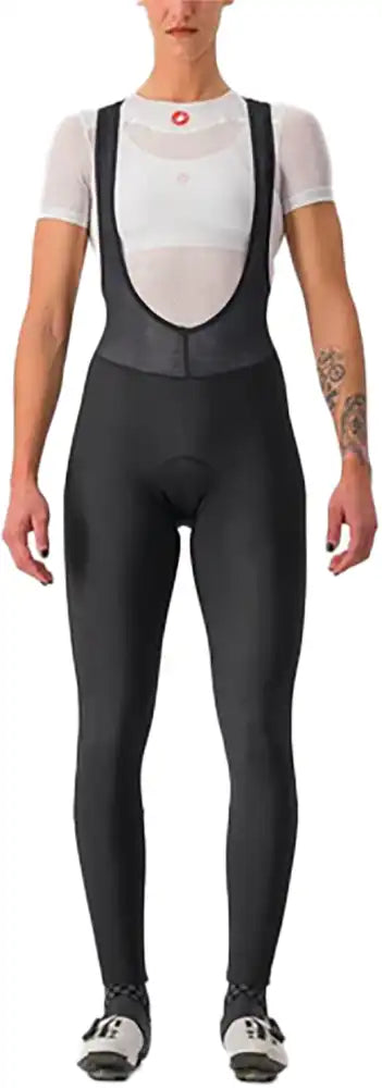 Castelli Entrata women's bib tights in black, featuring breathable fabric and adjustable straps for cycling comfort.