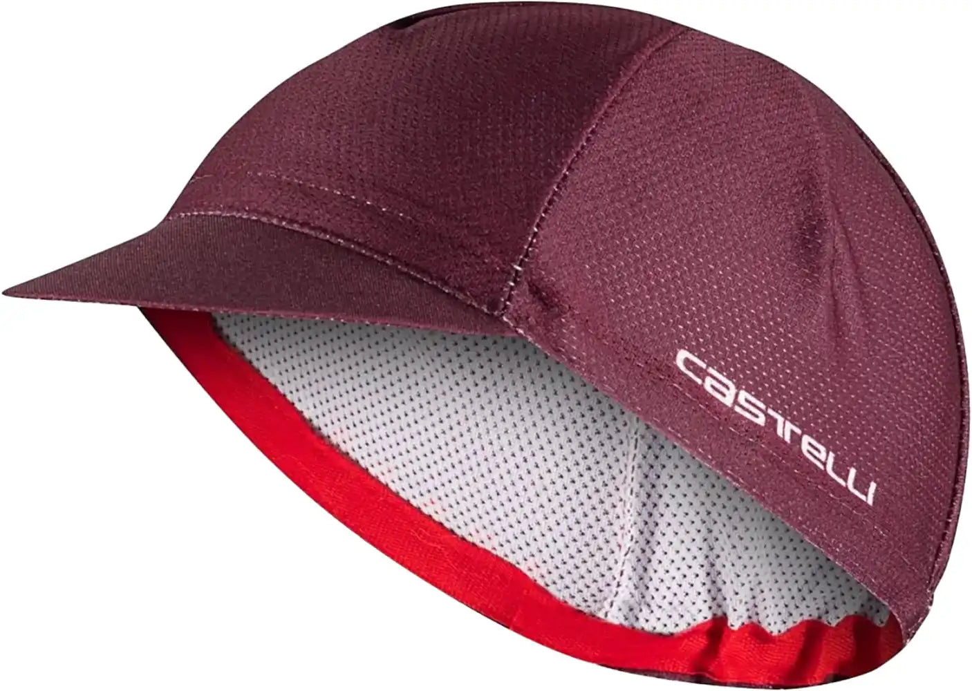 Castelli Rosso Corsa 2 cycling cap showing a red and black design with the Castelli logo, made of lightweight fabric.