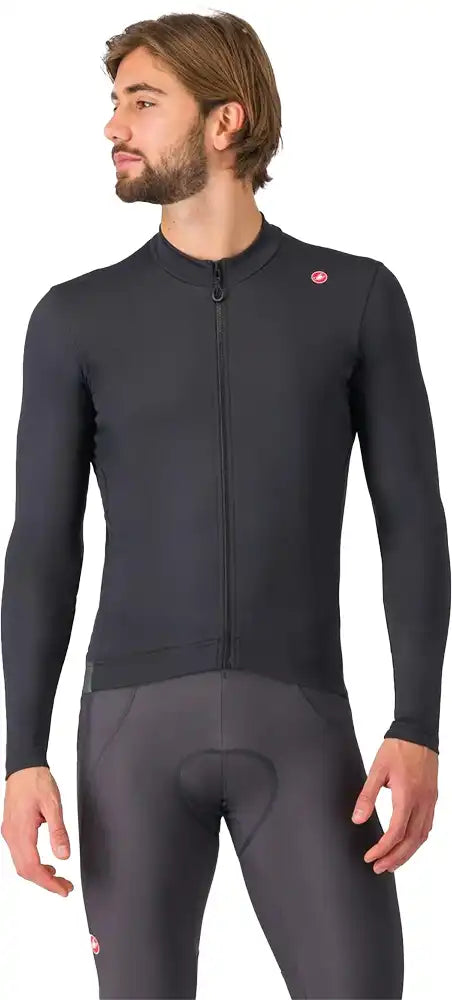 Castelli Espresso Thermal Long Sleeve Men's Jersey showing a close-up of the black and red cycling jersey fabric and design details.