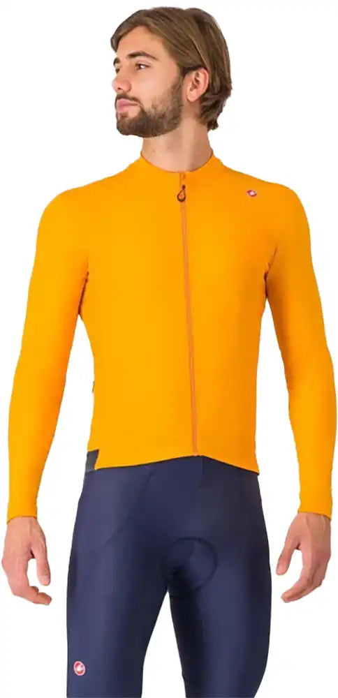 Castelli Espresso Thermal LS men's jersey, long-sleeve thermal cycling top with logo, black fabric, and fitted design.