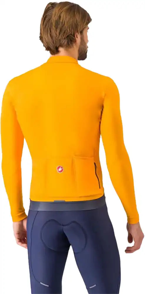 Castelli Espresso Thermal Long Sleeve Men's Jersey showing a fitted, black cycling top with branding details.