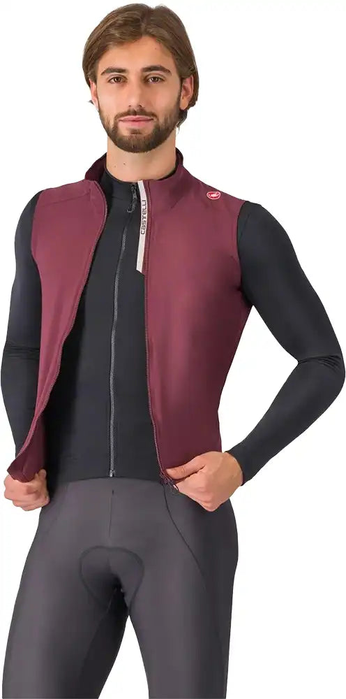 Castelli Espresso men's vest displayed on a hanger, showcasing the stylish lightweight cycling clothing design.