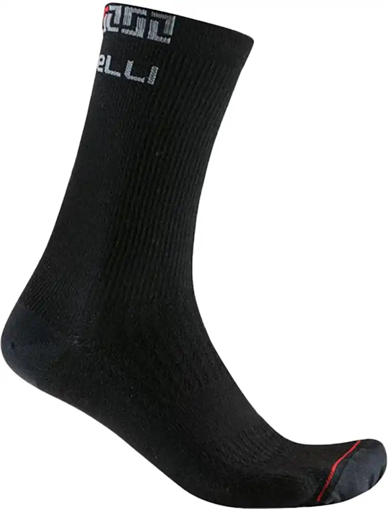 Castelli Bandito 18 Merino men's winter socks showing a close-up of black wool socks with reinforced toes and branding.