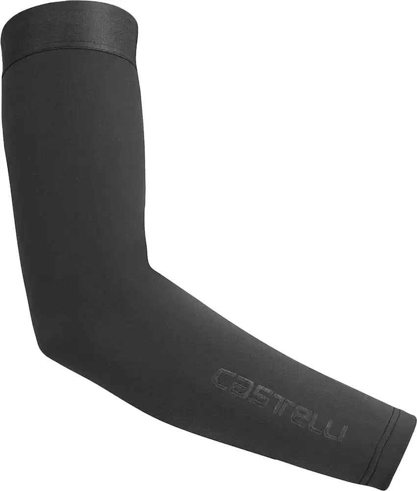 Castelli Espresso arm warmers in black, stretchy clothing accessory designed to keep arms warm during cycling or outdoor activities.