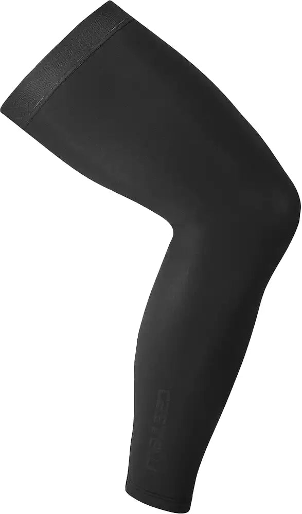 Castelli Espresso Leg Warmers, black cycling leg warmers made from stretchy fabric with logo branding, designed for outdoor wear.