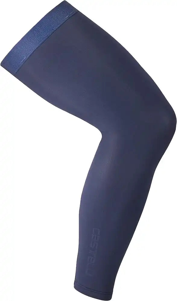 Castelli Espresso leg warmers in black, stretchy cycling clothing with branding, designed to keep legs warm during rides.