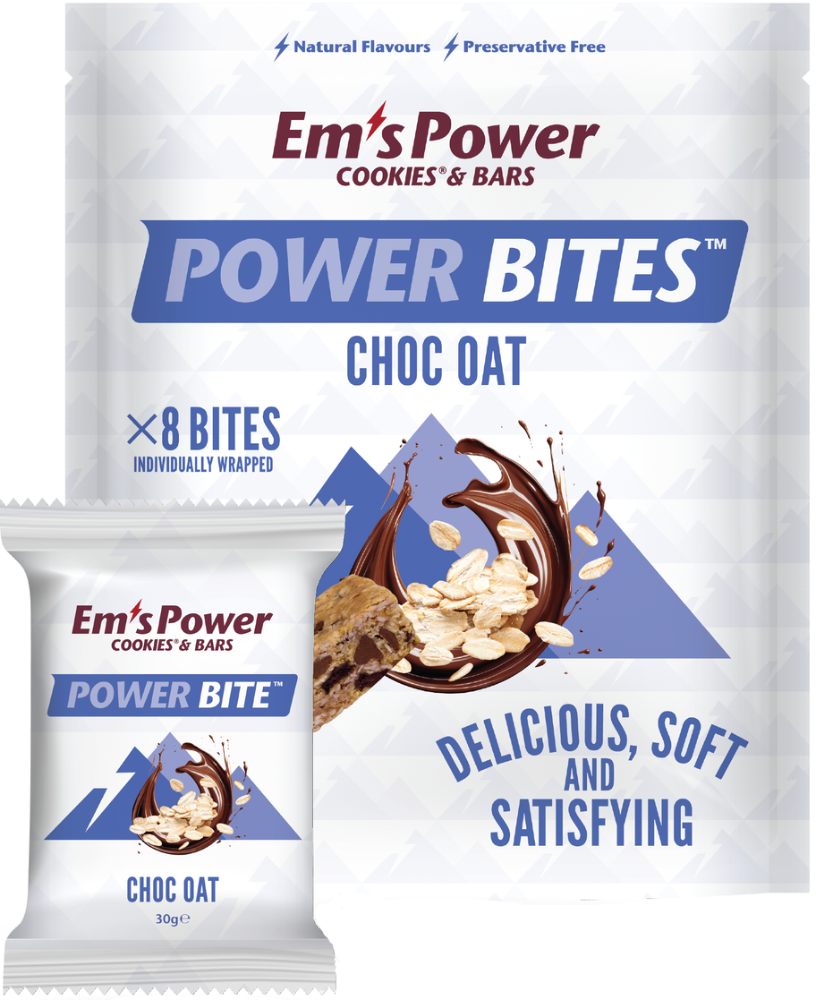 Ems Power Cookies Power Bites nutrition snacks with chocolate chips, displayed in a clear container on a white background.