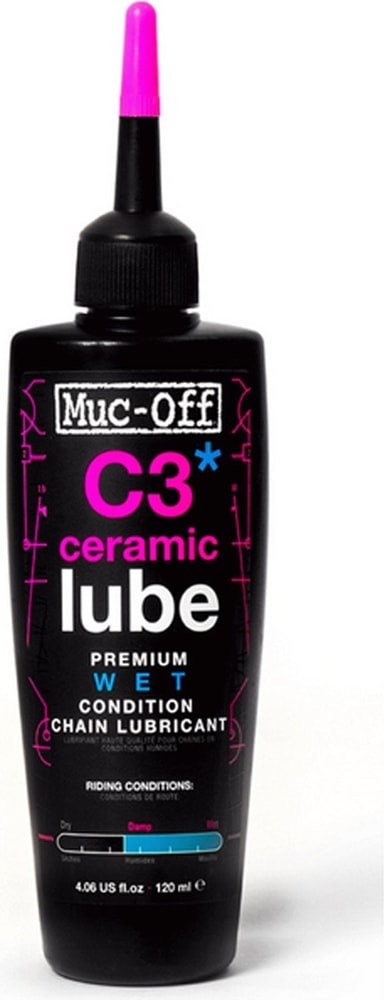 Muc-Off C3 Ceramic Wet Lube bottle, a bike maintenance accessory with a blue and white label, designed for lubricating bike chains.