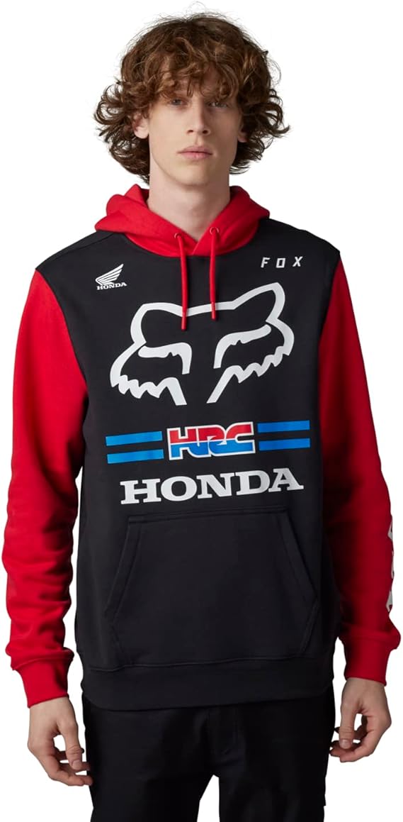 Fox X Honda men's pullover fleece hoodie, winter clothing, featuring a stylish design with a front pocket and adjustable hood.