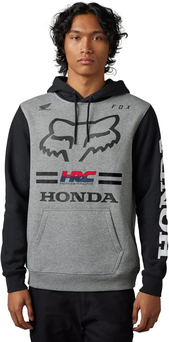Fox X Honda men's pullover fleece hoodie, cozy winter clothing with Fox branding and Honda logo, black and gray color.