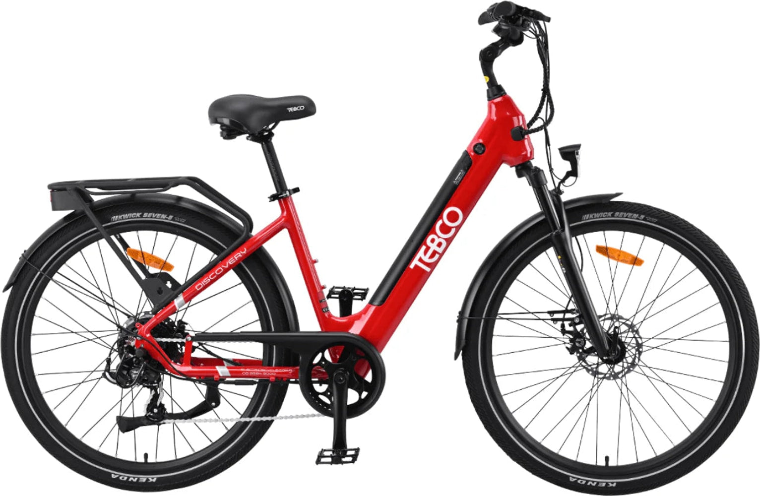 TEBCO 2026 Discovery e-bike, sleek electric bicycle with modern frame and handlebars, shown from the front view.