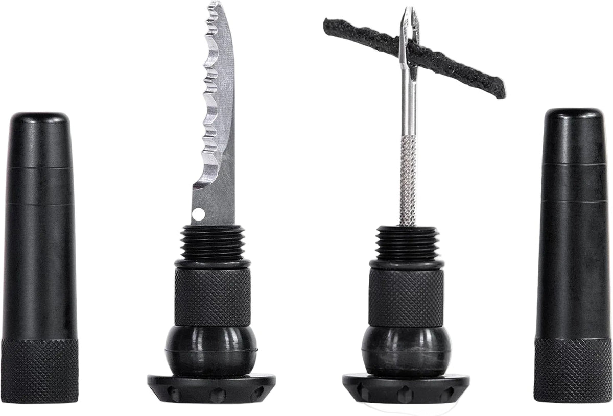 Muc-Off Sealth tubeless plugs for bicycle tires, close-up of black rubber valve accessories in package.