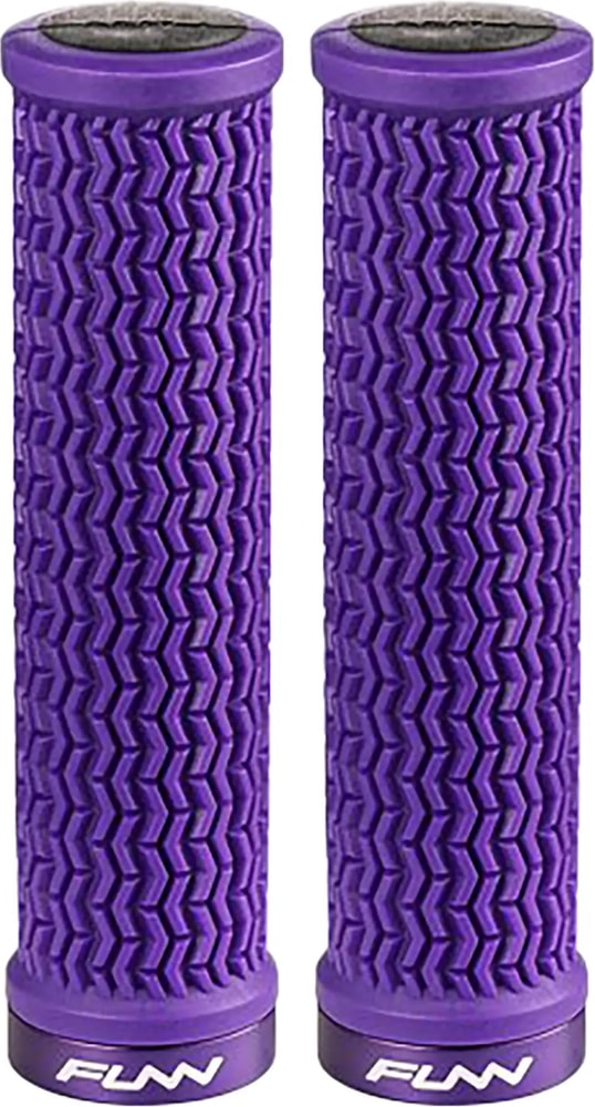 FUNN Holeshot Lock-On MTB grips showing textured rubber surface and metal locking mechanism for secure mountain biking handlebar grip.