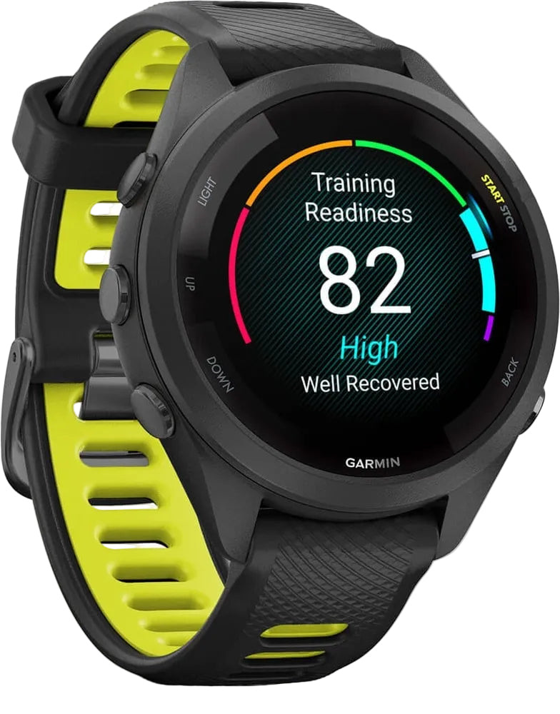 Garmin Forerunner 265S GPS watch accessory with black band and digital display, showcasing fitness tracking features.