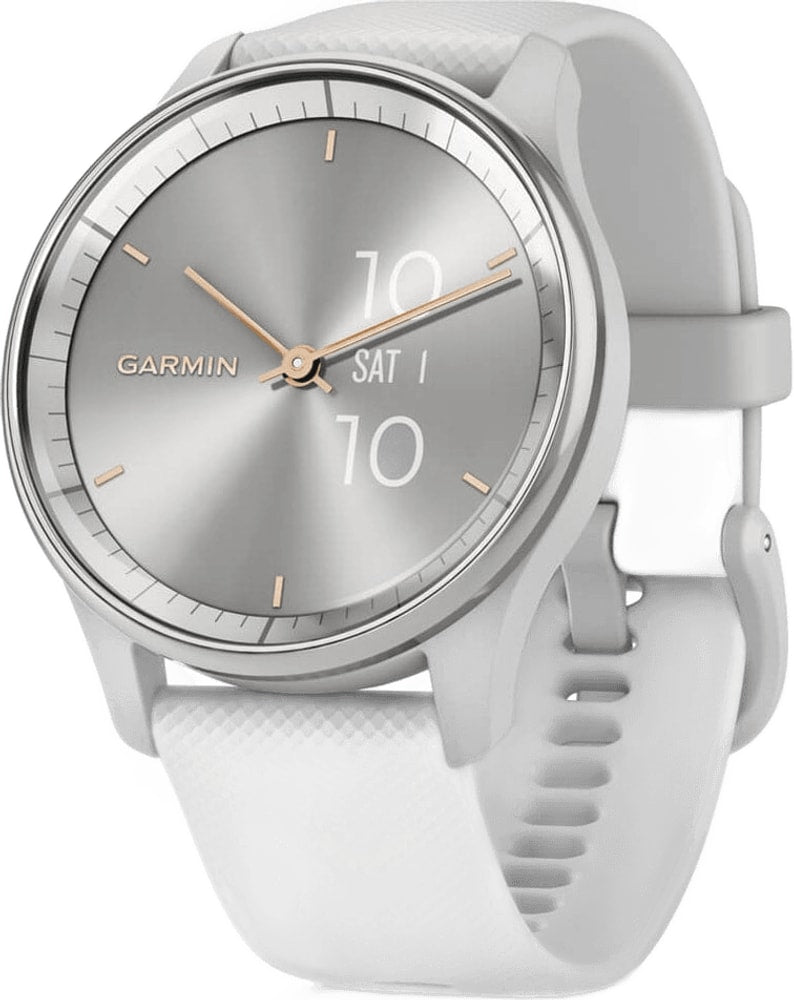 Garmin Vivomove Trend hybrid smartwatch with a sleek black band and analog display showing time and fitness tracking features.